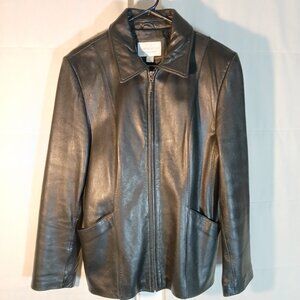 Worthington | Vintage Lambskin | Black Collared Zip-Up Leather Jacket